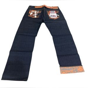Vintage Made in Japan Evisu seldvage Denim with orange paint all over pocket